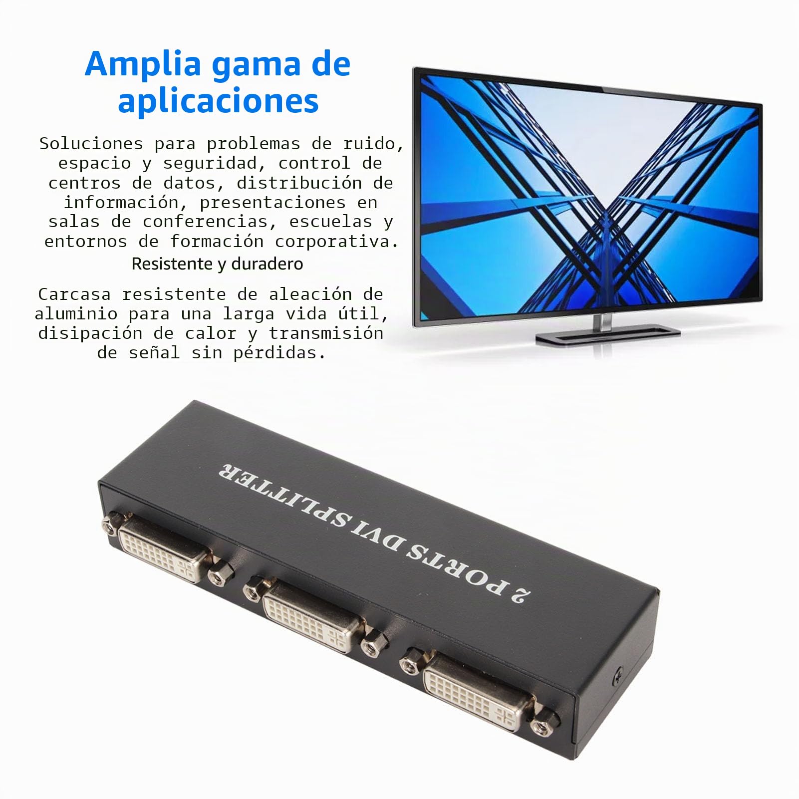 1x2 DVI Splitter, 1 In 2 out 1920x1440 HD 1080P 2 Puertos DVI Input Lossless Signal Transmission, DVI Video Splitter para PC HDTV Projector (Enchufe de la UE)