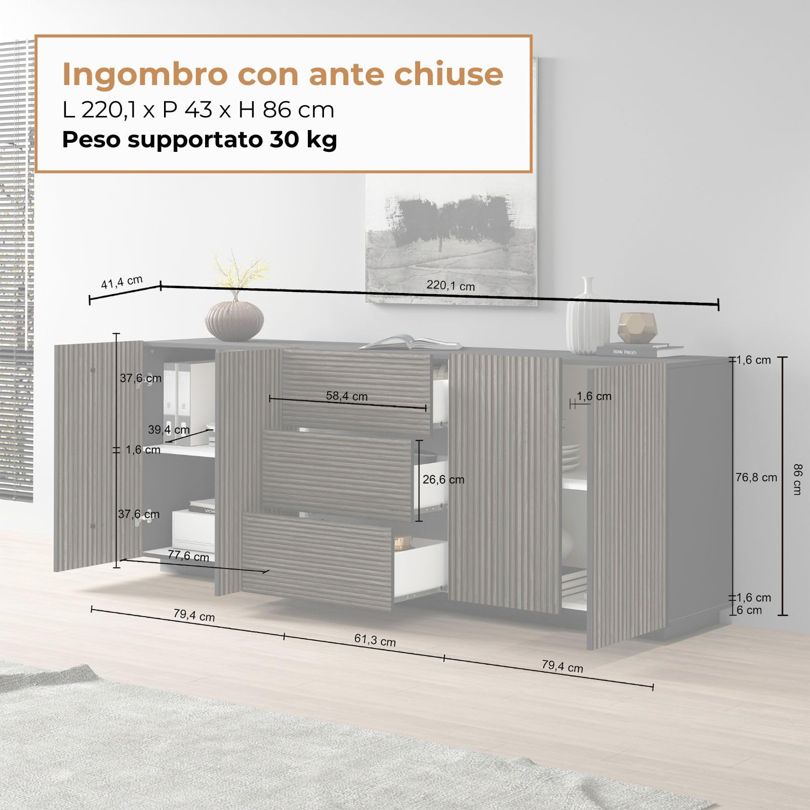 WHOUS Credenza e Buffet COSTE per Soggiorno con 4 Ante e 3 Cassetti, Madia in Stile Canneté per Salotto e Cucina in Legno, 220,1x43x86 cm, Antracite Opaco e Legno Scuro