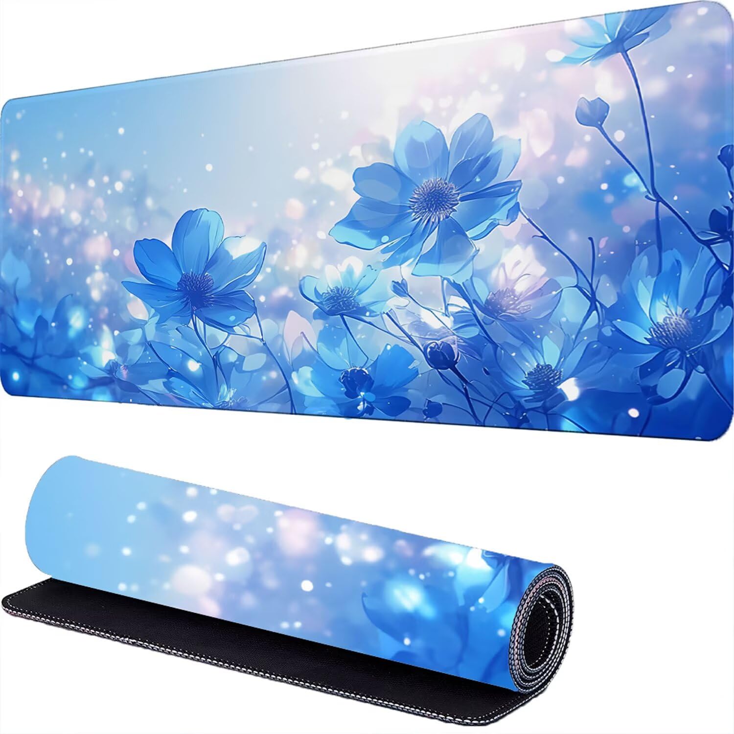 Podkładka pod mysz z kwiatami XXL 1000 x 500 x 3 mm niebieska duża podkładka pod mysz, szyte krawędzie, antypoślizgowa mata biurkowa, do PC, MacBooka, przenośna, poprawia dokładność i szybkość r-247