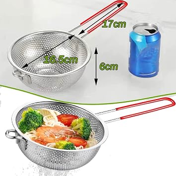 Stainless Steel Colander, Perforated Strainer with Long Handles, Silicone Grip, Metal Sieve Rice Washer Strainer Bowl for for Pasta, Rice, Fruits, Vegetables, Kitchen Essential Tool (16CM)