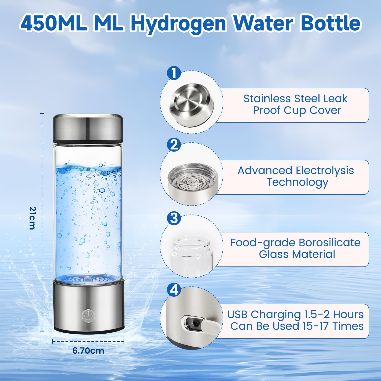 Generatore di bottiglie d'acqua idrogeno 3 in 1, macchina portatile per depuratore d'acqua da 450 ml, acqua Kangen, bottiglia d'acqua idrogenata, idroionizzatore per casa/ufficio/viaggi/bere tutti i