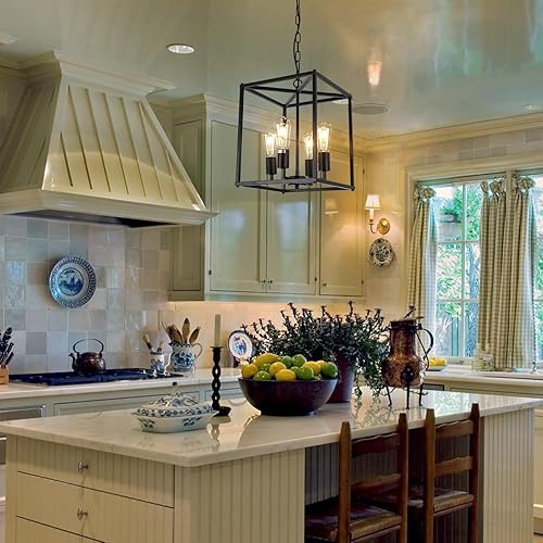 Miniatura 2 de GZDEZCL Lámpara de araña de granja negra de 4 luces, lámpara colgante de linterna rústica, luces colgantes industriales para cocina, isla,