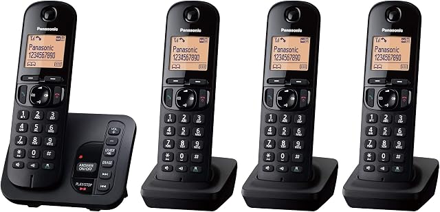 Panasonic KX-TGC224EB DECT Cordless Phone with Answering Machine, 1.6 inch Easy-to-Read Backlit Display, Nuisance Call Blocker, Hands-Free Speakerphone, ECO Mode - Black, Quad Handset Pack
