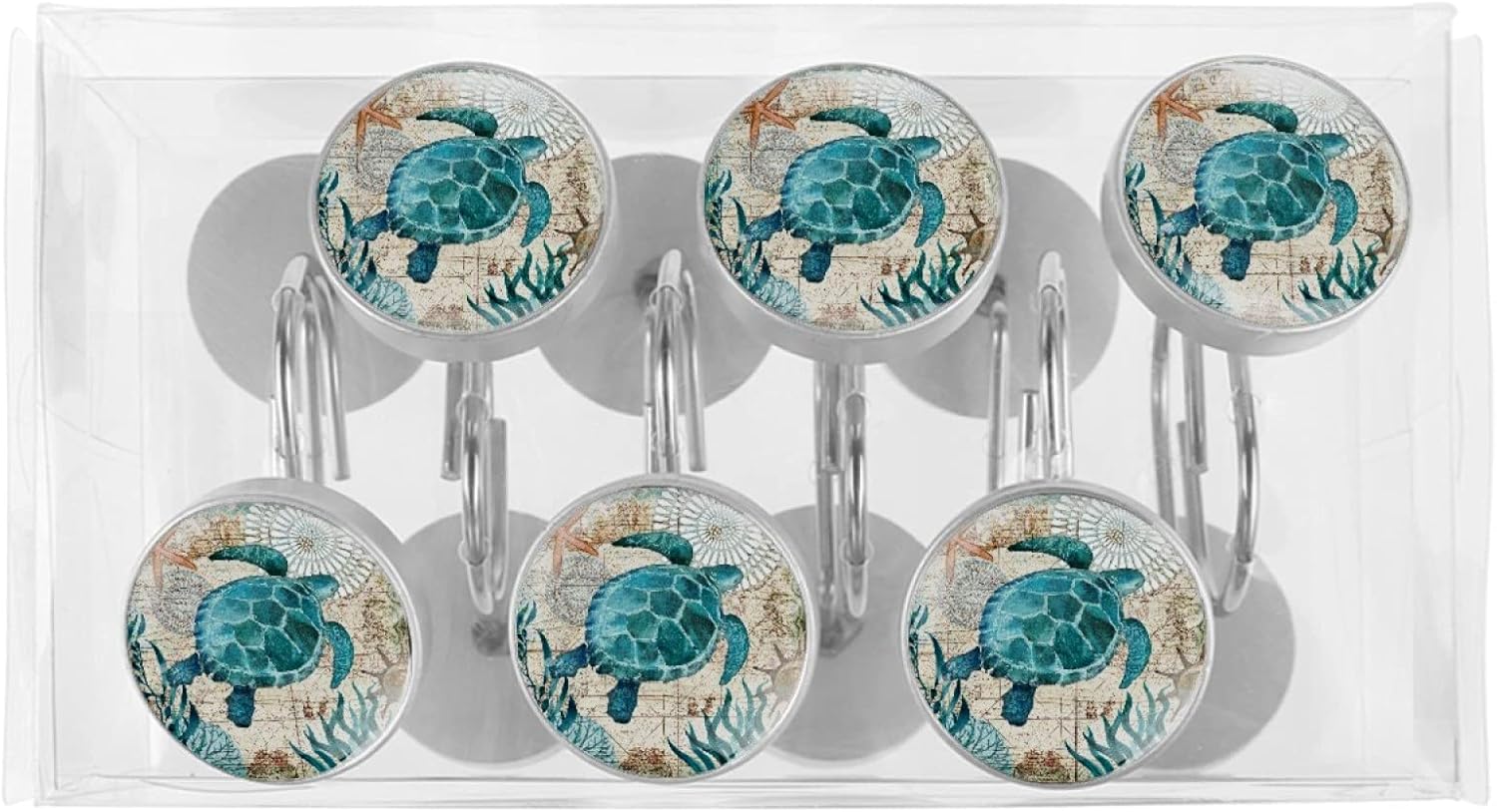 12pcs Ocean Turtles Shower Curtain Hooks, Retro Turtles Decorative Shower Curtain Hanger Rings Roller, Stainless Steel Round Shower Rings Hangers for Bathroom