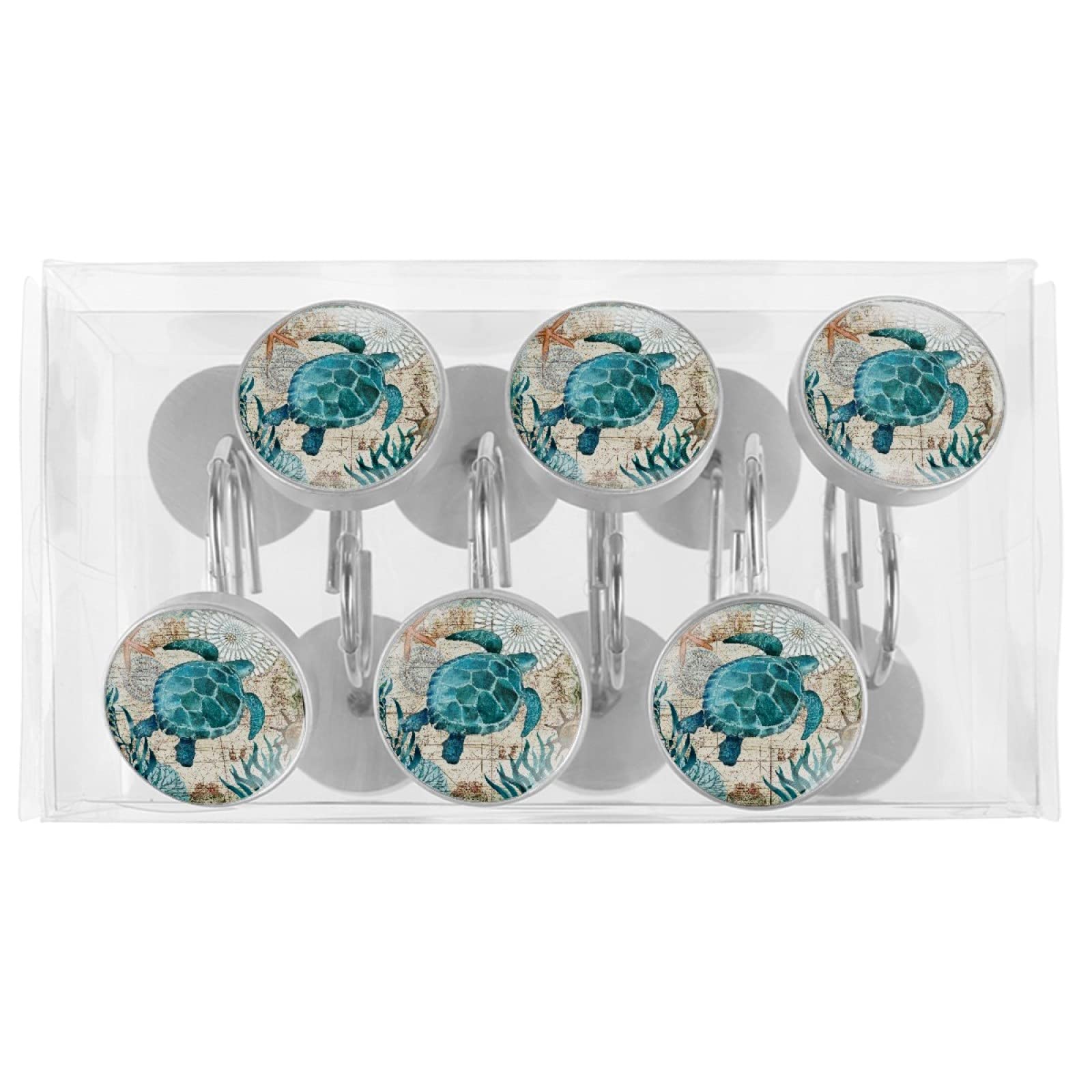 12 ganchos para cortina de ducha de tortugas oceánicas, anillos de ducha decorativos de tortugas retro, anillos de ducha redondos de acero inoxidable para baño