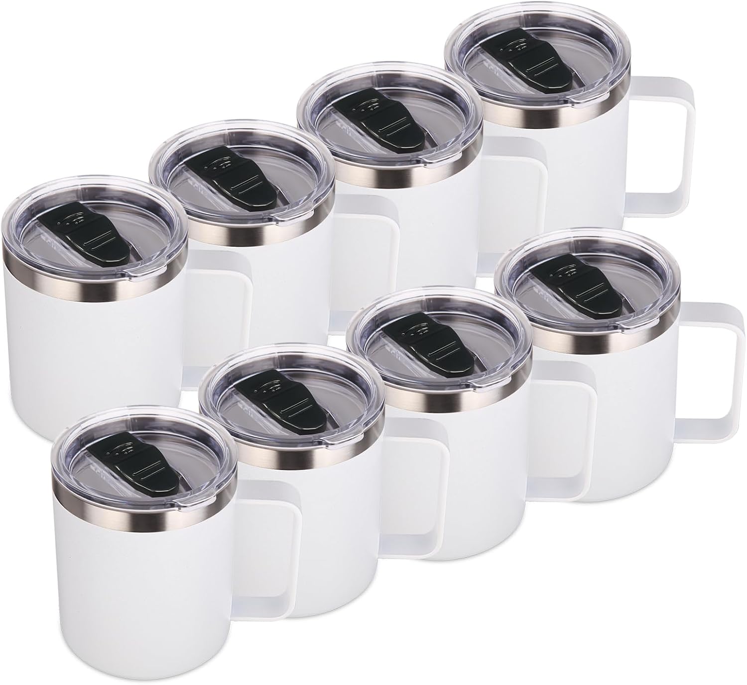 Volhoply 14oz Insulated Stainless Steel Coffee Mug with Lid Bulk 8 Pack,Not Suitable for Sublimation,Double Wall Vacuum Travel Coffee Cup with Handle, Reusable Metal Camping Mugs Keep Cold(White,8)