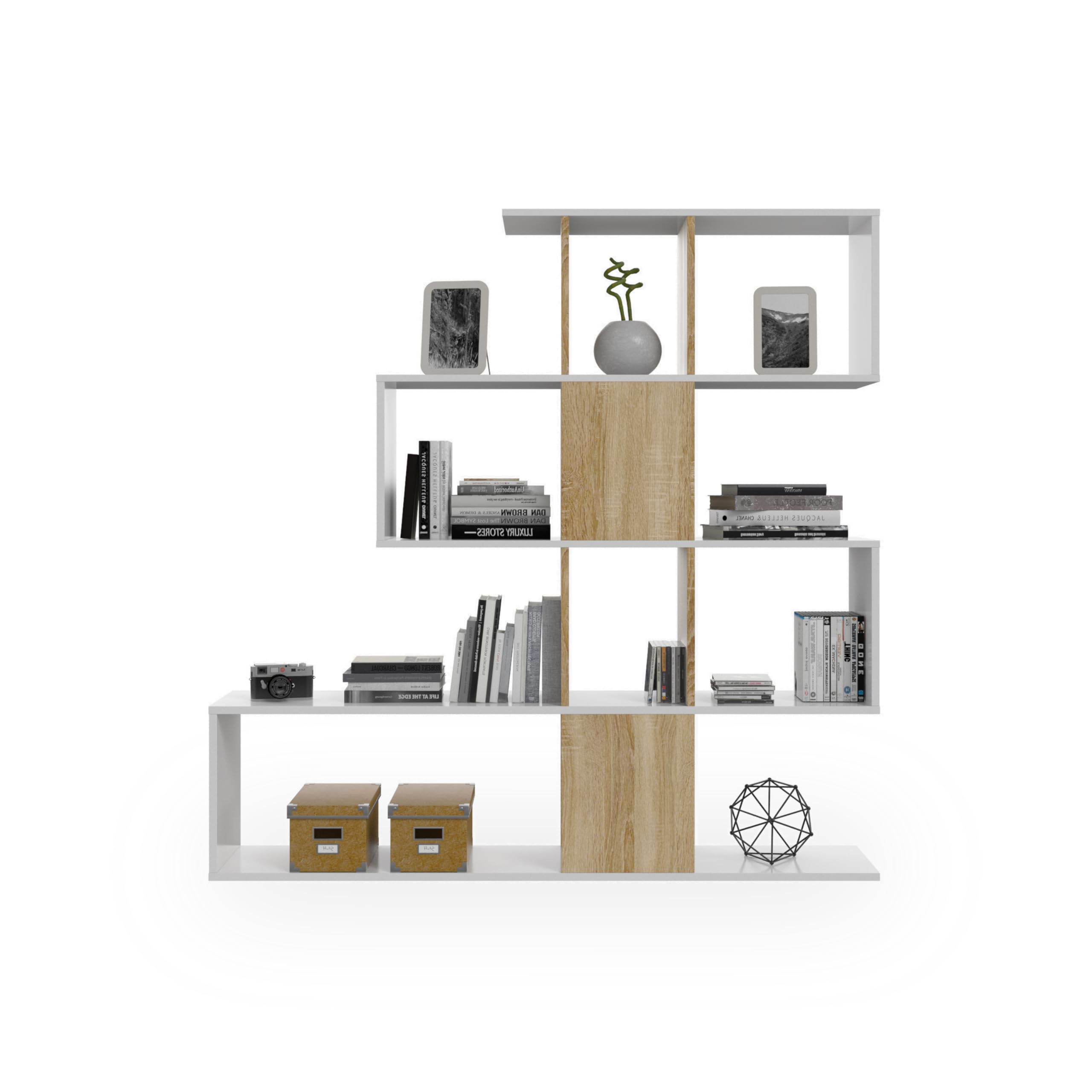 duehome | Estantería Librería, Salón, Comedor o Despacho, Modelo Domi, Acabado en Blanco Artik y Roble Canadian, Medidas: 145 cm (Alto) x 145 cm (Ancho) x 28 cm (Fondo)