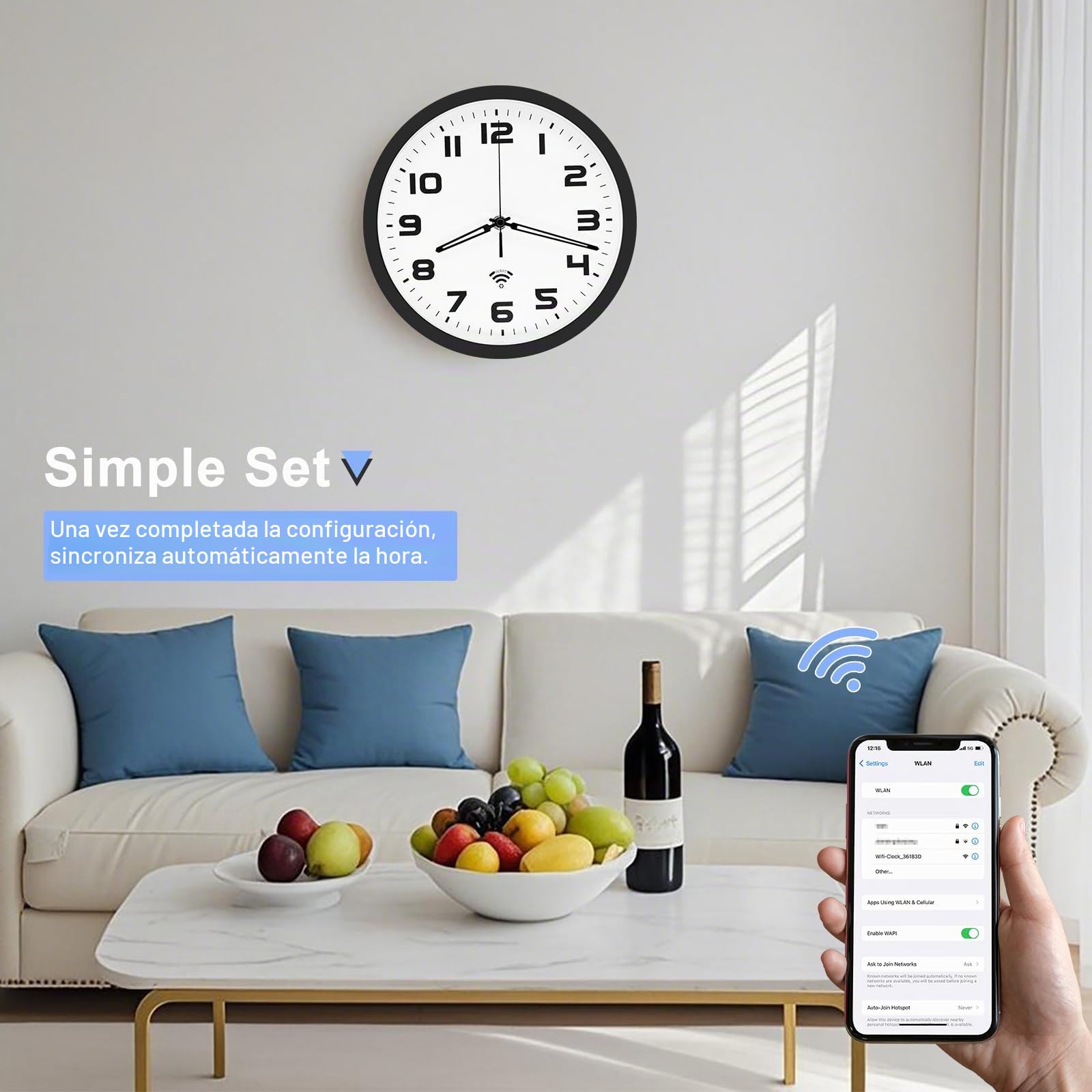 OCEST Reloj de pared analógico inteligente Wi-Fi de 10 pulgadas, sincronización automática de hora y DST, silencioso, sin tictac, funciona con pilas, pantalla grande, fácil de leer para el hogar