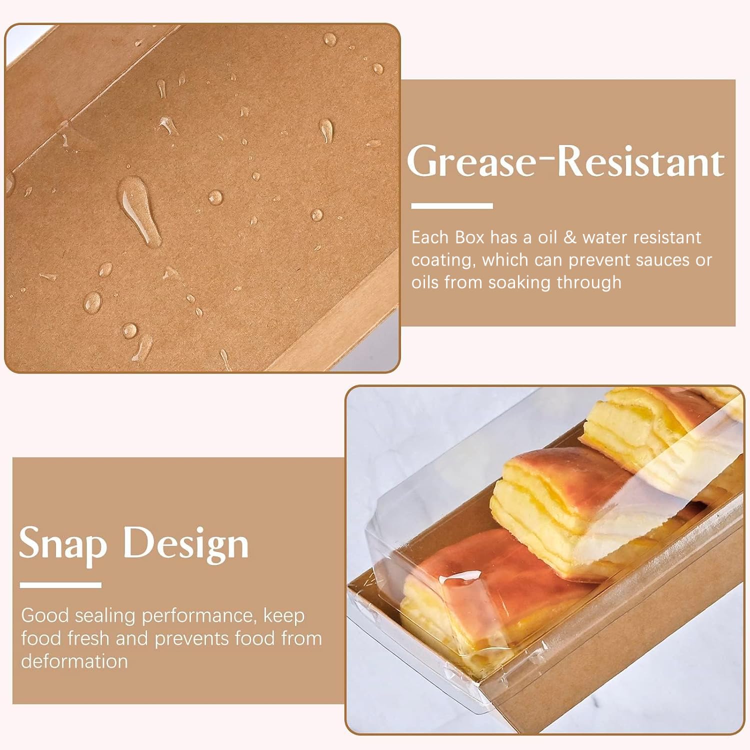 ZORRITA Confezione da 100 scatole di carta con coperchi trasparenti, scatole per sandwich usa e getta rettangolari per alimenti da forno, dolci, fragole, fette di torta e biscotti (marrone)