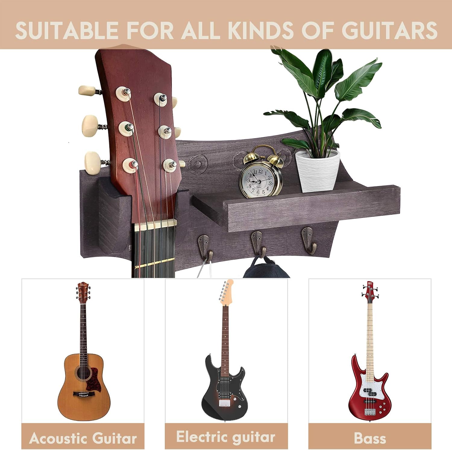 TCJJ Guitar Holder Wall Mount, Guitar Wall Hanger with Guitar Accessories Storage Shelf, Pick Holder and 4 Hooks, Wood Guitar Rack for Acoustic Electric Guitar, Ukulele, Bass (Gray-Single)
