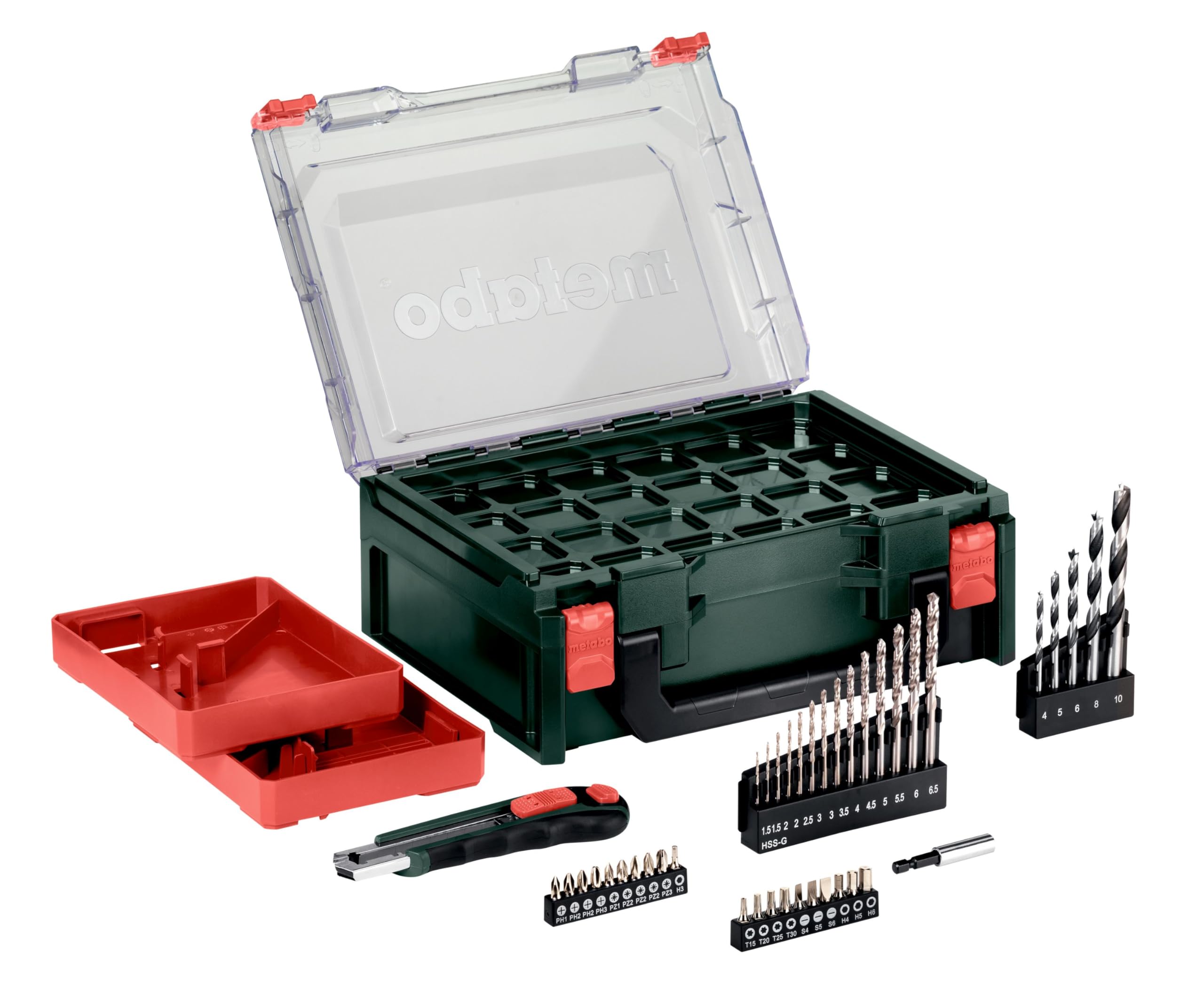 metabo Akku-Bohrschrauber PowerMaxx BS Basic Set, 12 V Bohrer & Schrauber | Inkl. 2 Akkus 2,0 Ah, Ladegerät, 41-teiliges Zubehör-Set, 34 Nm, 2 Gänge, LED, Gürtelhaken, im Kunststoffkoffer