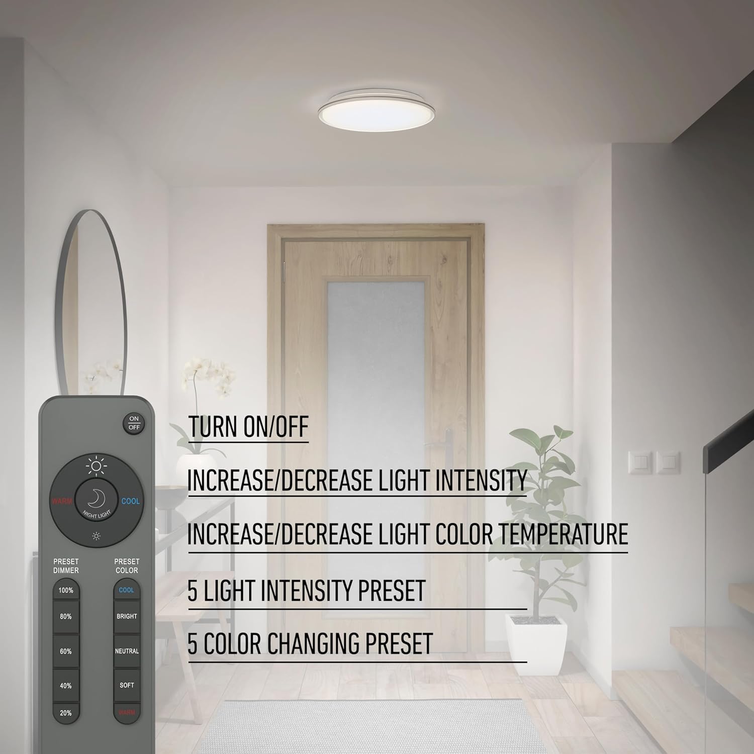 Artika Astrid 30W 16 Inches Integrated LED Flush Mount Ceiling Light with Remote Control, Ideal for Bedroom, Living Room, Kitchen - 2100 Lumens, 2700-5000 Kelvin, Silver