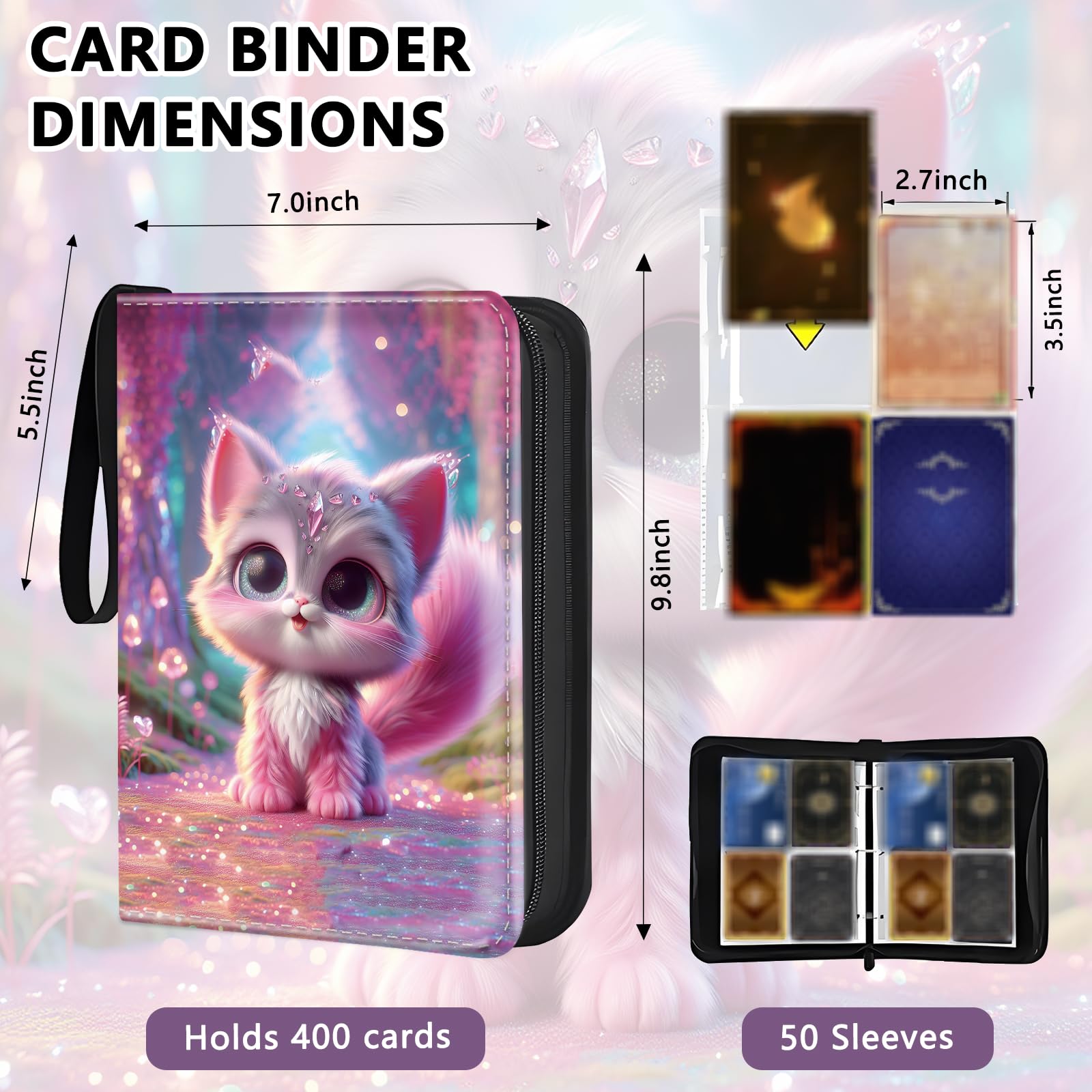 Raccoglitore per carte collezionabili a 4 tasche con 50 tasche rimovibili, capacità 400 scomparti con cerniera, per MTG, TCG e carte sportive (simpatico gatto rosa)