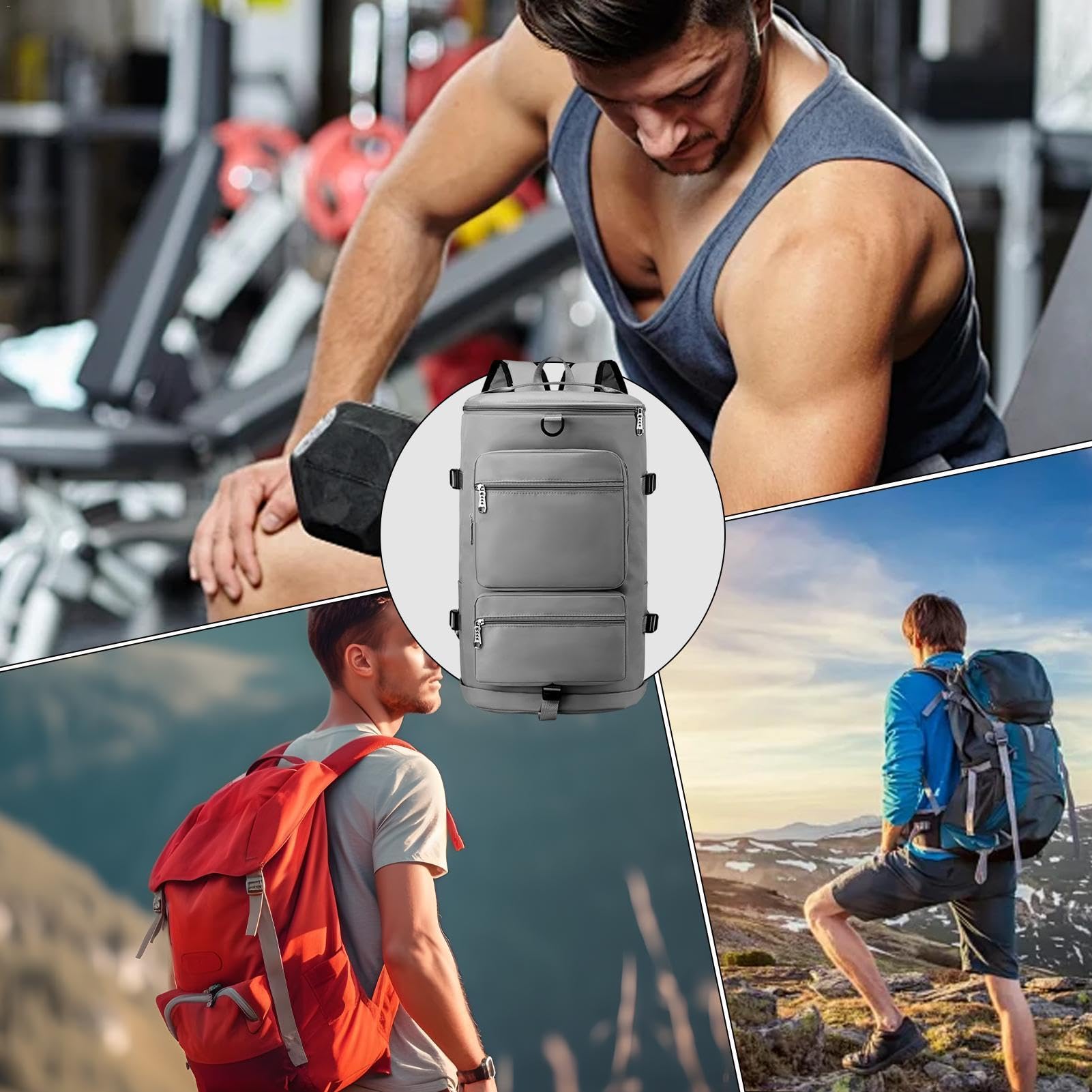 Sportowa torba sportowa na siłownię, torba gimnastyczna o dużej pojemności | z przegródką na buty, oddzielna konstrukcja dla mężczyzn i kobiet, idealna do fitnessu i przygód na świeżym powietrzu, Szary