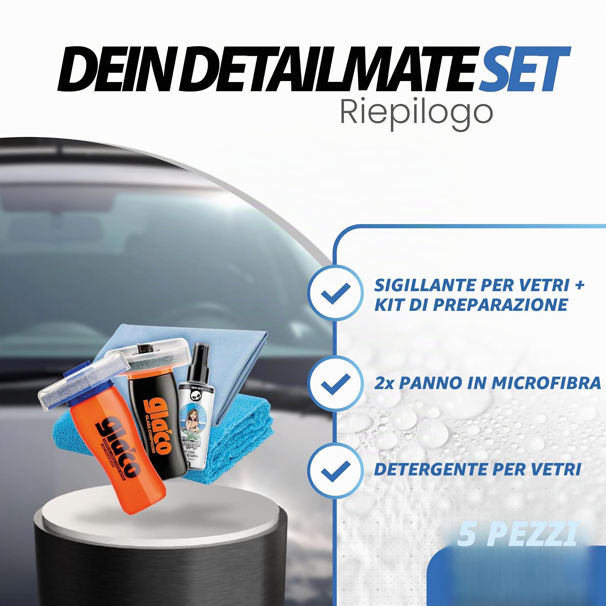 Pacchetto da 5 pezzi per sigillatura del vetro - Soft99 Glaco DX 110 ml sigillante + Soft99 Glaco Glass Compound Roll On 100 ml - Politore per vetro + detergente per vetri 100 ml, panno lucidante