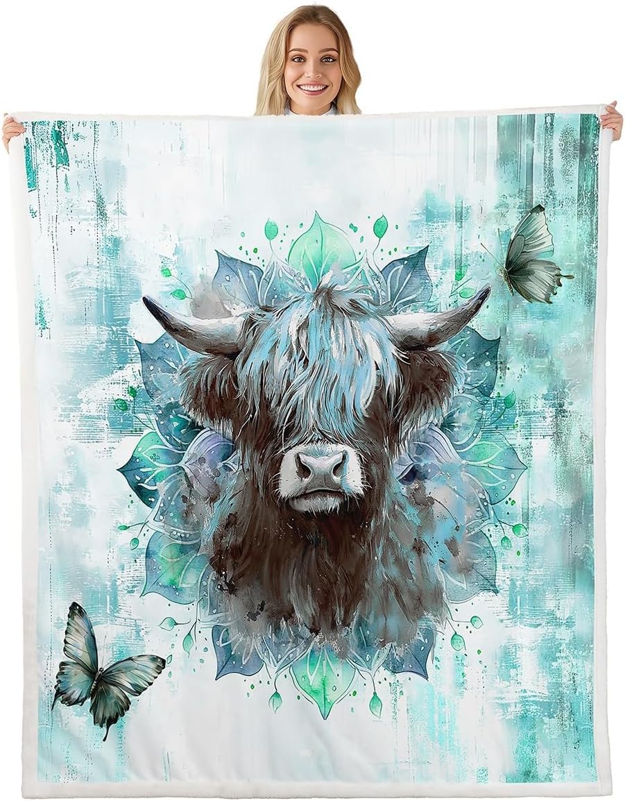 Erosebridal 3D Highland Cow Sherpa Blanket for Boys Girls Farmhouse Animal Blanket, Boho Mandala Throw Blanket for Chair Purple Watercolor Fleece Blanket, Oil Painting Aesthetic Plush Blanket