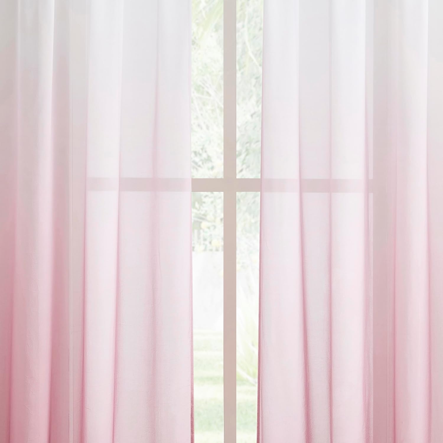 Ombre Chiffon Sheer Curtains Pink for Living Room Decor, Gradient Light Filtering Window Curtain Panels for Girls Bedroom, Crinkle Semi Sheer Drapes for Garden, Yard Decor, Rod Pocket, 42"Wx63"L