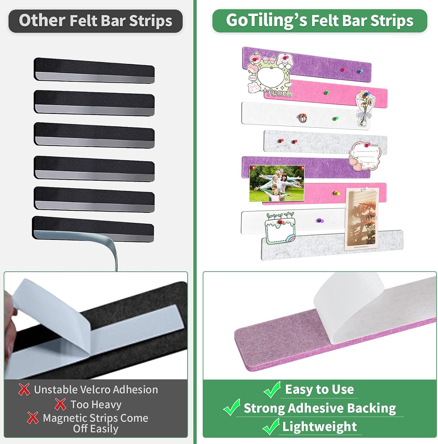Cork Board for Walls - 8 Pack Felt Pin Board Bar Strips - Self-Adhesive Lightweight Bulletin Board - Cork Board for Office with 40 Push Pins No Damage for Wall image 3