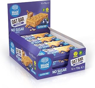 BRAIN FOODS Oat Bar - Gluten Free, Vegan, No Sugar Added, No Palm Oil, 2.5oz, 320 Calories, (12 Bars) (Blueberry)