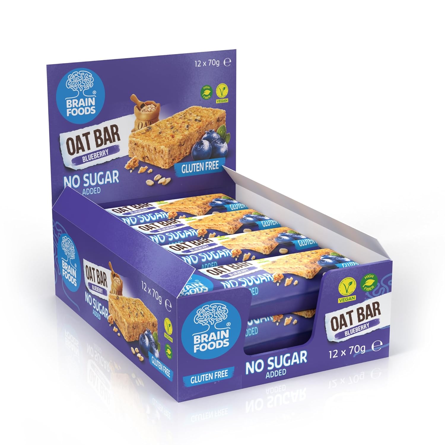BRAIN FOODS Oat Bar - Gluten Free, Vegan, No Sugar Added, No Palm Oil, 2.5oz, 320 Calories, (12 Bars) (Blueberry)