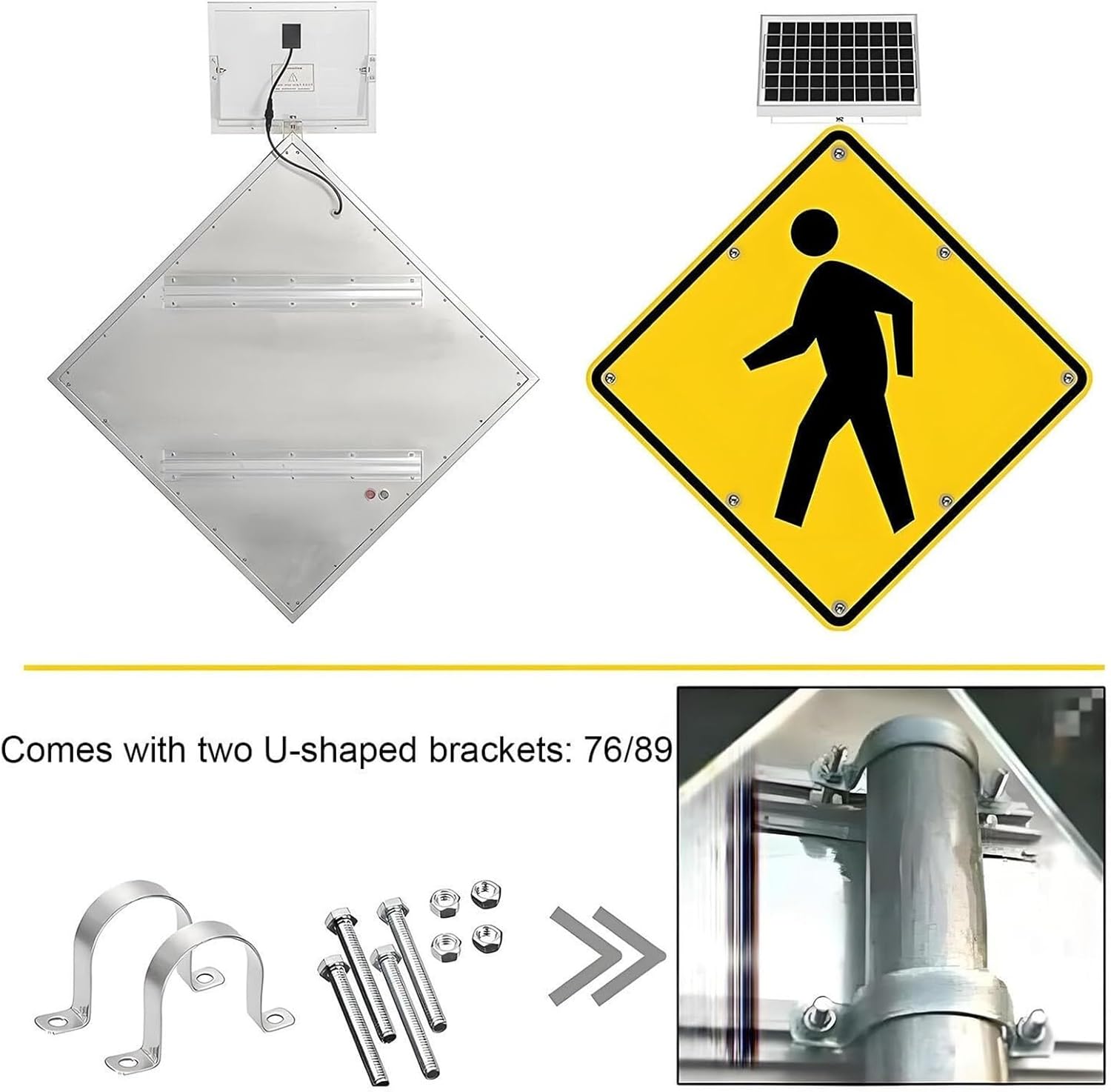 Solar-Powered LED Pedestrian Crossing Sign, Heavy-Duty Metal Frame, Reflective Traffic Warning Sign for Streets, 60cm Durable & Rust-Proof Safety Signal