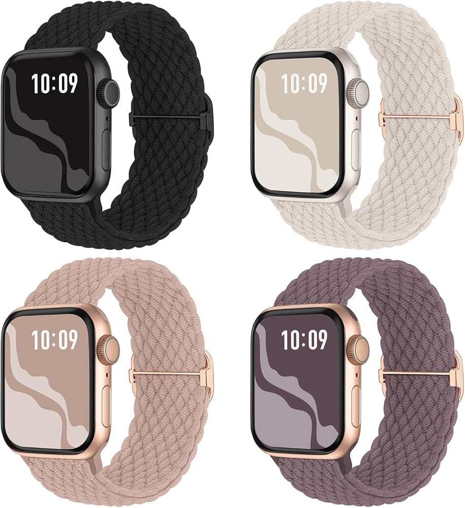 4 Pack Braided Stretchy Band Compatible with Apple Watch Bands Women Men | 40/41/38/42/44/45/46/49mm Breathable Nylon Elastic Daily Use Straps for iWatch Series 11/10 9 8 7 6 5 4 3 SE/Ultra 2