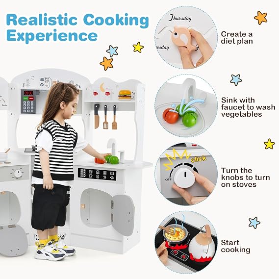 HOMASIS Children's Kitchen with Light & Sound Play Kitchen with 16 Play Accessories Kitchen Set with Coffee Machine Sink Microwave Oven Washing Machine Toy Kitchen Wood Corner Kitchen for