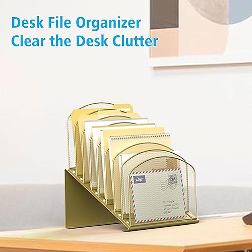 Vista 16 de Organizador de archivos de escritorio inclinado, soporte vertical de 5 secciones, soporte de metal clasificador de archivos para oficina y aula
