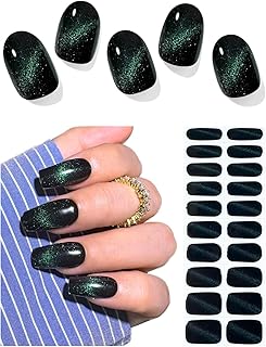 Semi Cured Gel Nail Strips (Black Green Cat Eye), 20 Pcs Gel Nail Wraps, Stickers, UV Light Required, Salon Quality, Long Lasting