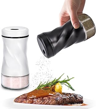 Farmhouse Salt and Pepper Shakers with Adjustable Pour Holes, Refillable Glass Salt Shaker with Stainless Steel Lids by NEODACO, Ideal for Himalayan, Kosher, and Black Pepper Black & White