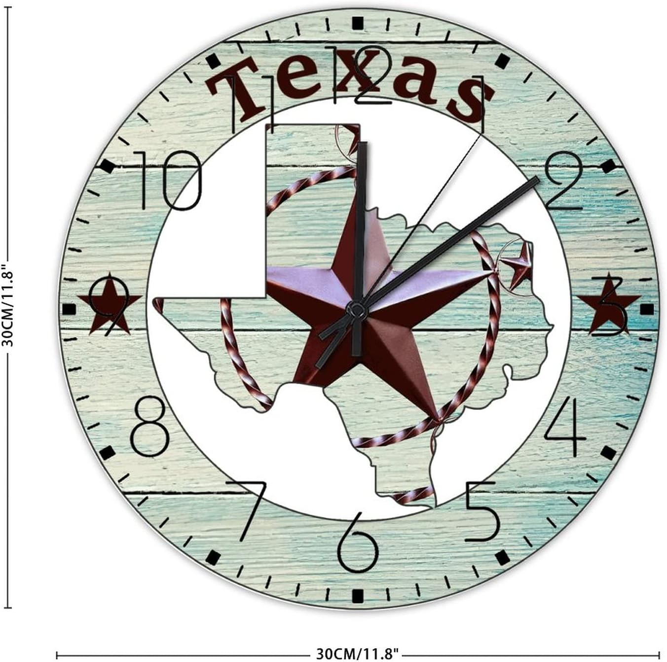12 Inch Silent Non-Ticking Wall Clocks Battery Operated Texas Lone Star Home Map Wall Decor for School Western State Flag Patriotic Vintage Round Wooden Wall Clock Rustic for Pool Washroom