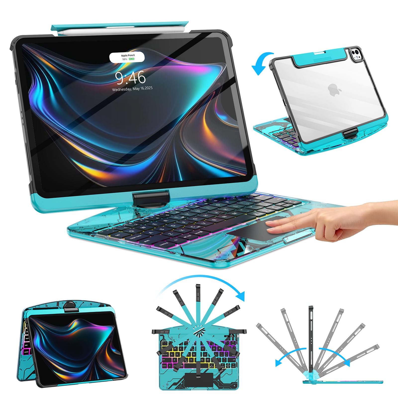 Clear Wireless Keyboard Case for iPad Pro 13 2024/2025 | 360 Rotatable, Multi-Touch Trackpad, Visible Transparent PCB Style, 3-Brightness & 7-Color Backlight, Built-in Pen Holder Blue iPad Pro 13" (M5/M4)