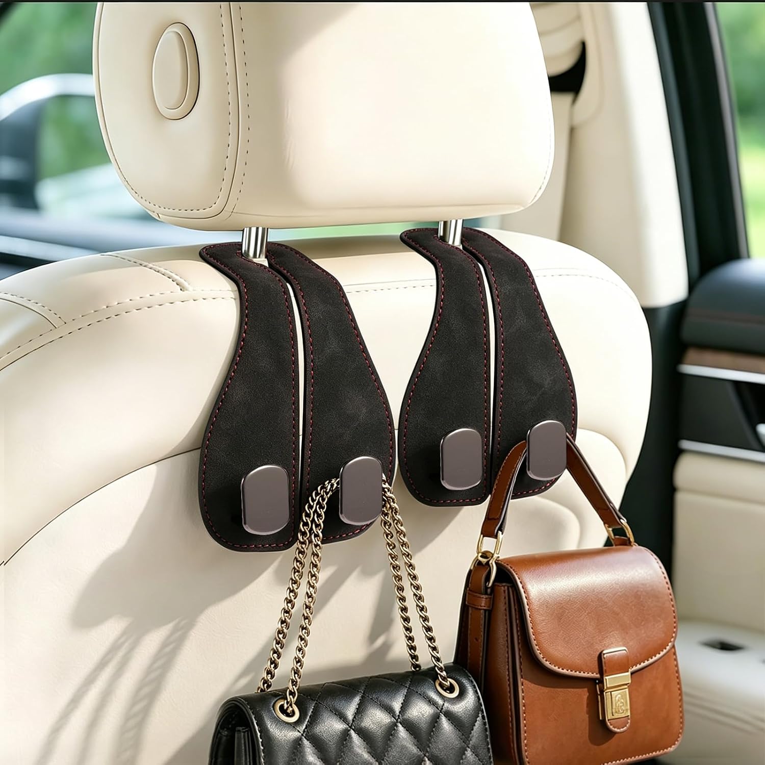 Car Seat Headrest Hook 2 Pack, Upgraded Metal Core with Soft Suede Wrap, 360° Rotating Car Backseat Hook Holder for Purses, Groceries, Coffee, 33 lbs Capacity, Universal Fit for Most Vehicles (black)