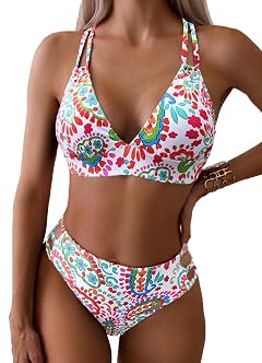 Tainehs Womens Push Up V Neck Bikini Sets Criss Cross Back Two Piece Bathing Suit