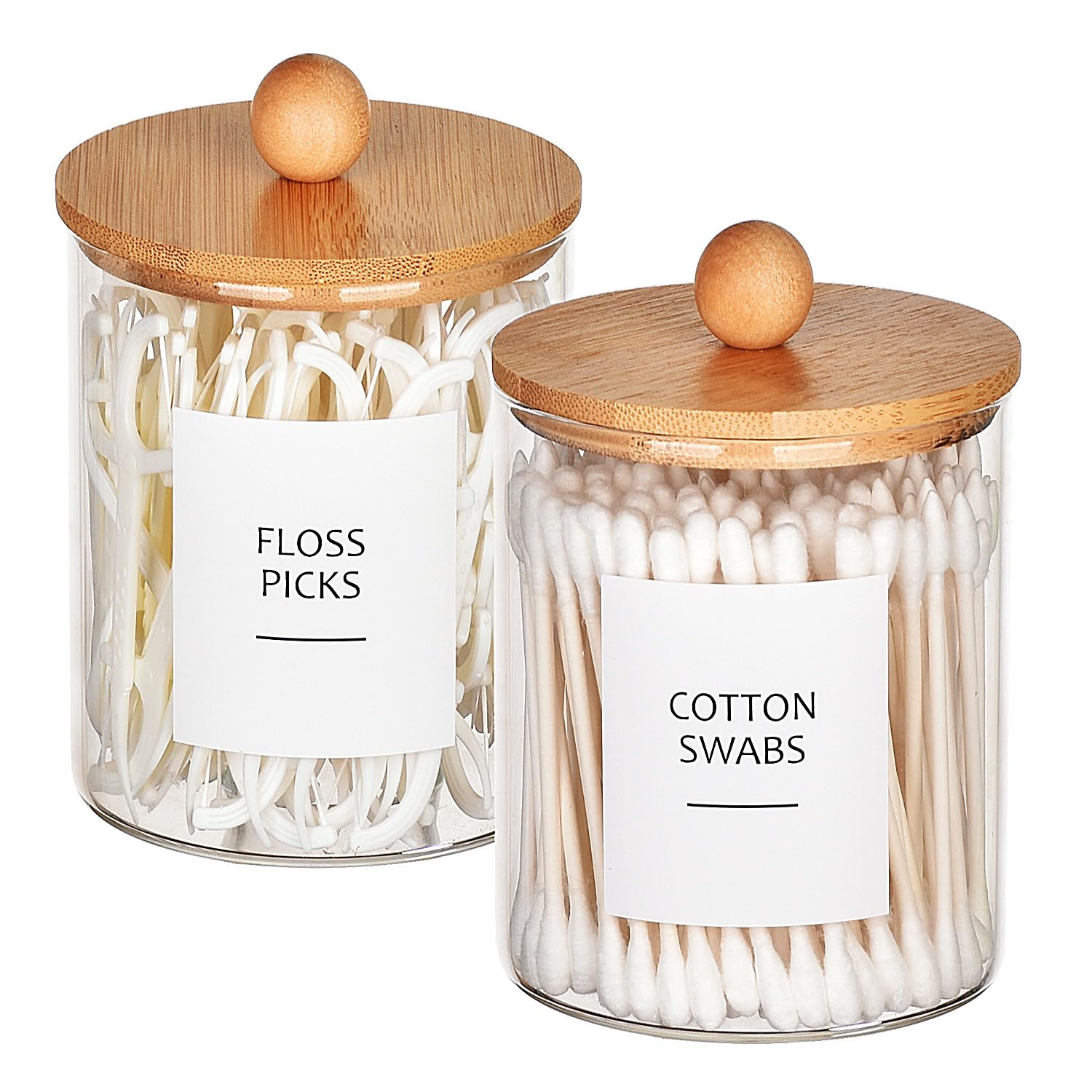 Glass Apothecary Jars with Bamboo Lids for Bathroom Organization, Q tip Holder and CottonSwab Ball Holder for Farmhouse Bathroom Decor, Boho Bathroom Decor-2 Pack