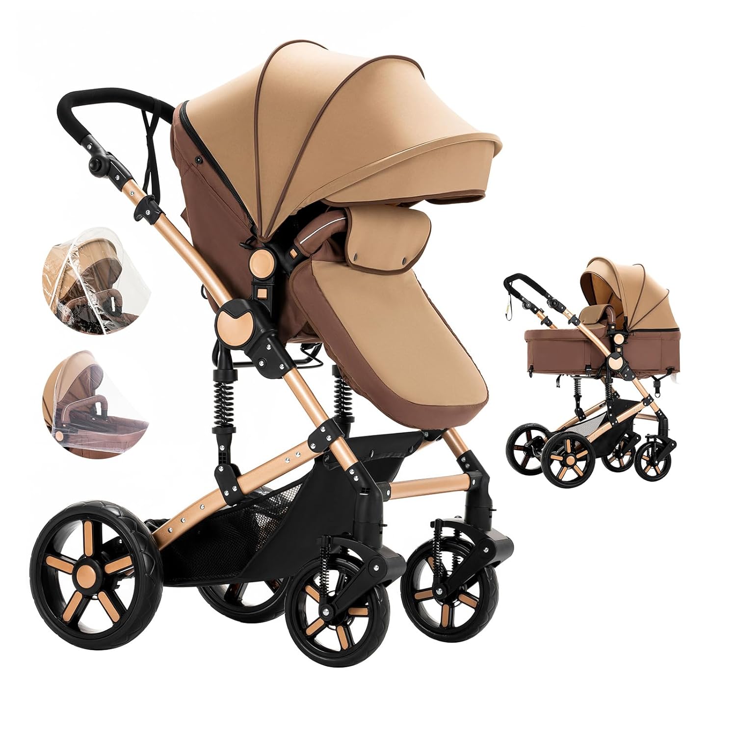2 in 1 Baby Stroller, Reversible Infant Stroller, Convertible Newborn Travel Carriage with One-Click Folding, Toddler Standard Pram Carriage (2US588-KHAKI)