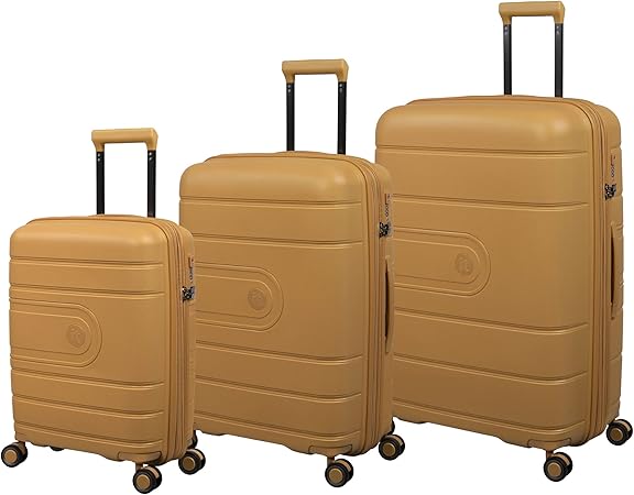 review it luggage Eco Tough 3 Piece Hardside 8 Wheel Expandable Spinner Set, Honey Gold, 3 Pc