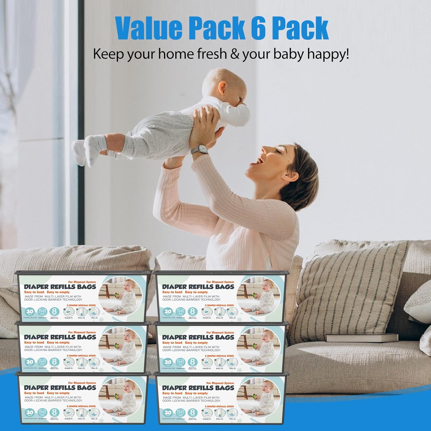 Diaper Pail Refills Bags with 30 Bags Compatible with Genie Easy Roll Signature and Platinum Diaper Pails, 7-Layer Odor-Barrier Technology, 6 Pack (180 Bag)