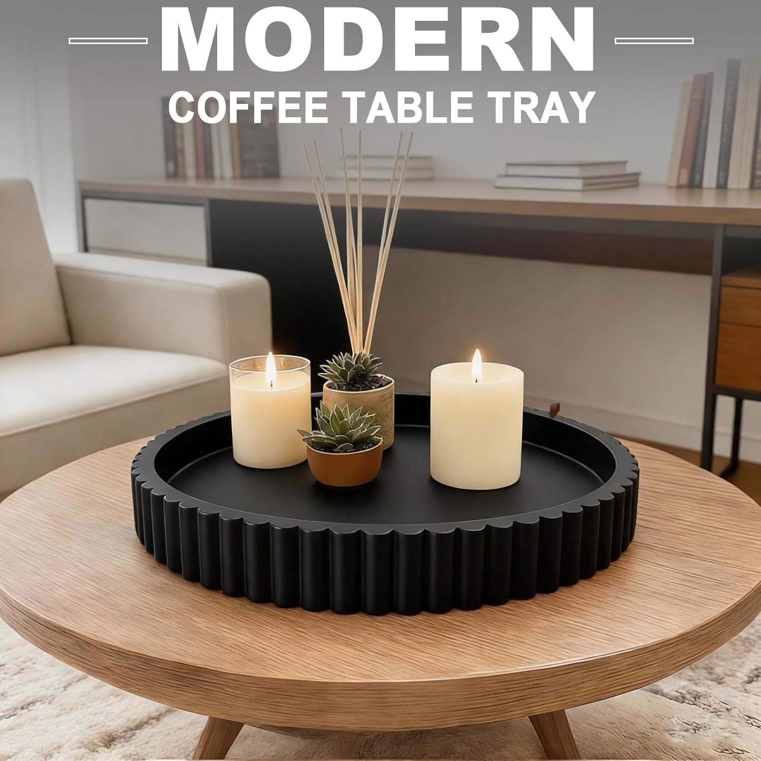 Round Decorative Tray for Coffee Table Decor - Resin Modern Table Centerpieces Decorative Trays for Kitchen, Dining, Living Room, Home Decor Housewarming Gift - Black