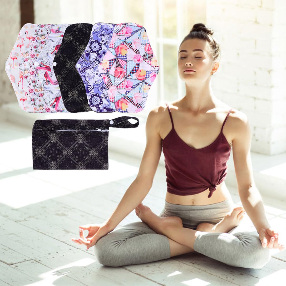 Compresa Menstrual Reutilizable M de Fibra de Carbón 7 Piezas | Alas y Broches de Fijación, Tacto Cómodo para Uso Diario y Ejercicio, Formato Lavable Estilo Aleatorio