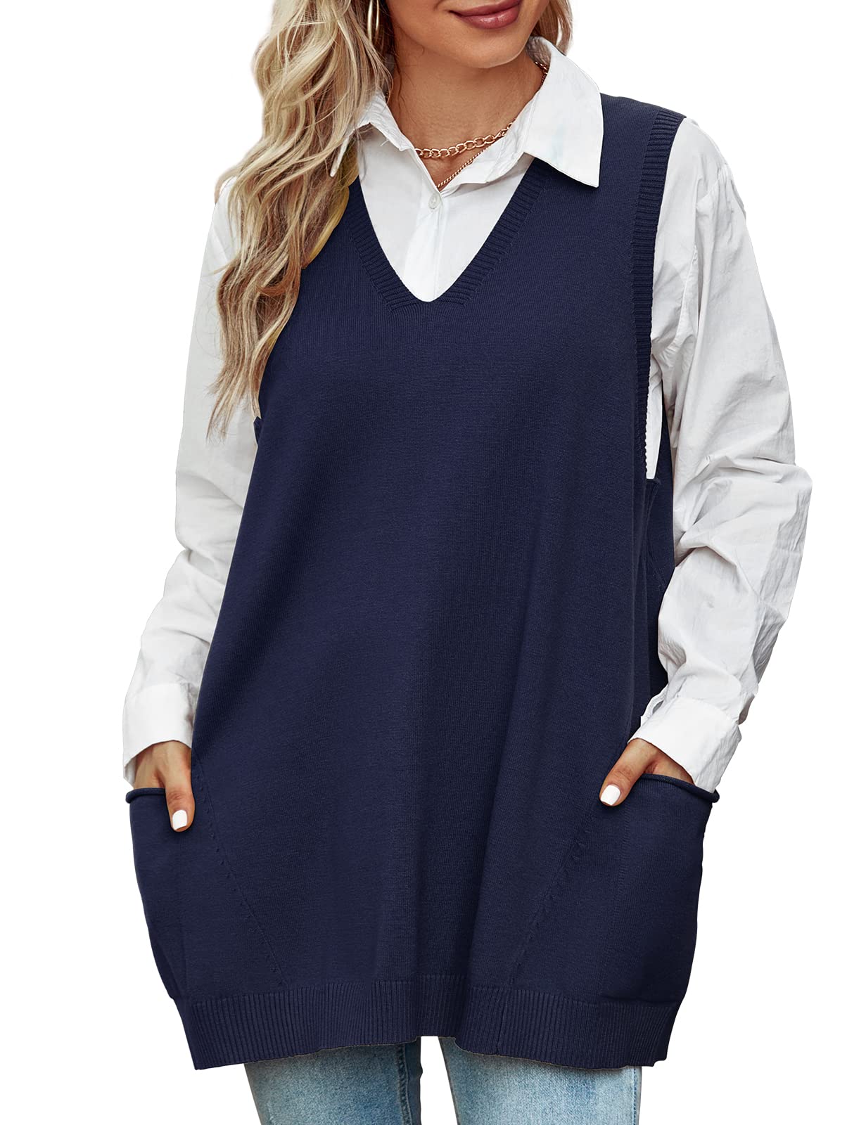 Niwicee Maglione Gilet Donna Scollo a V Pullover Maglione Senza Maniche,Autunnale Invernale Maglioni Oversize Tinta Unita mit Taschino,Cotone Top Smanicato Gilet in Maglia Elegante