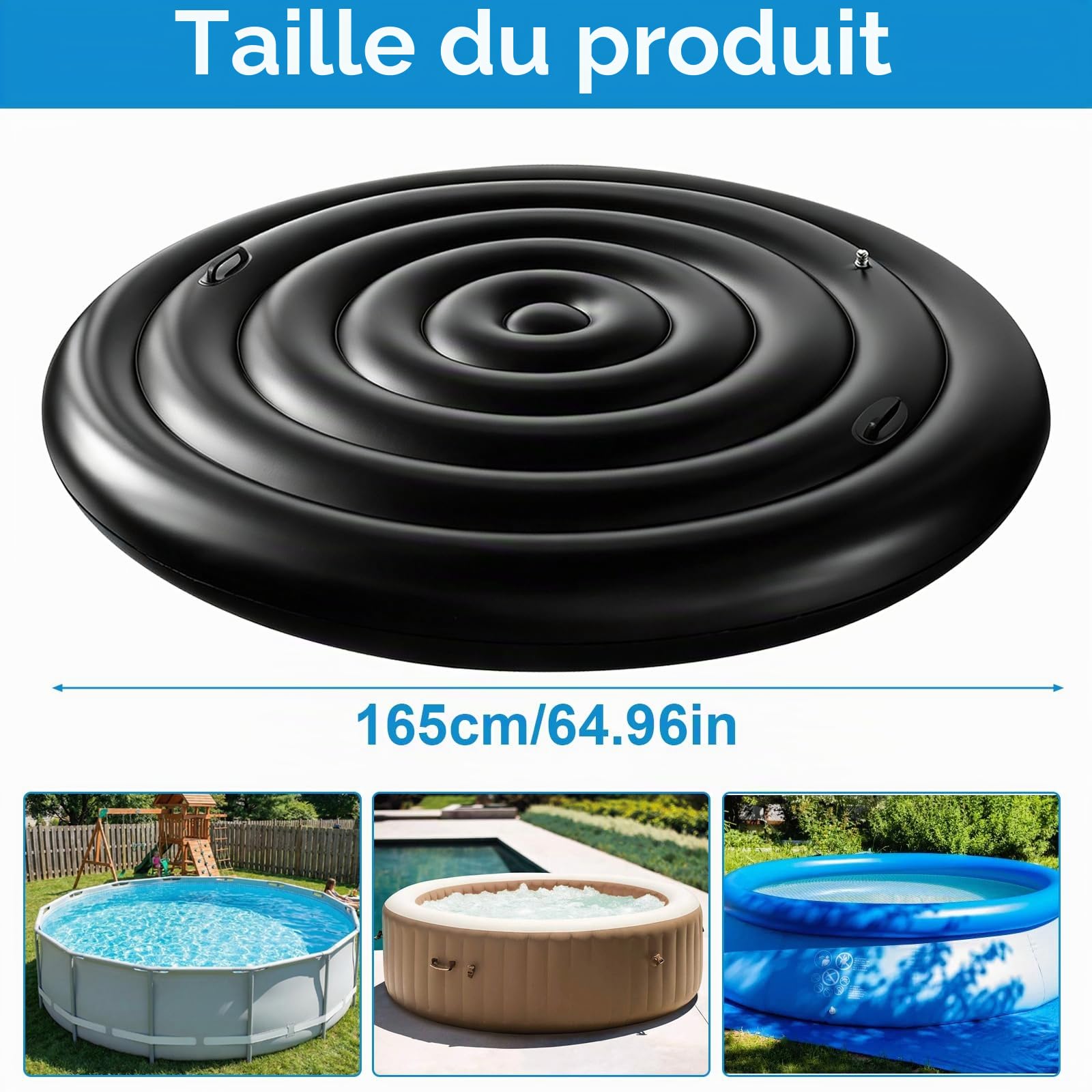 Housse de piscine gonflable ronde de 165 cm, économe en énergie, avec poignées, résistante à la pluie, à la déchirure, coupe-vent, facile à monter et à dégonfler, housse de piscine pour extérieur et