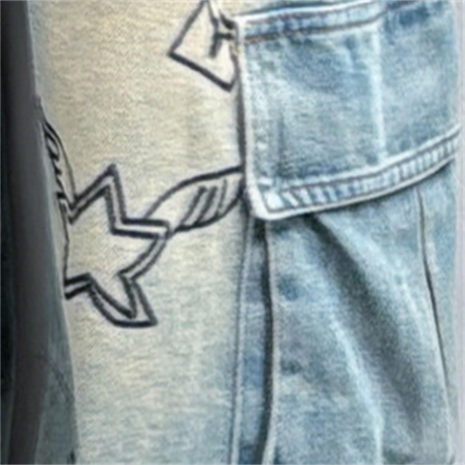 Generisch Jeans per ragazze con motivo a cuore, vita alta, elastico, gamba larga, pantaloni in denim, look usato, carino casual