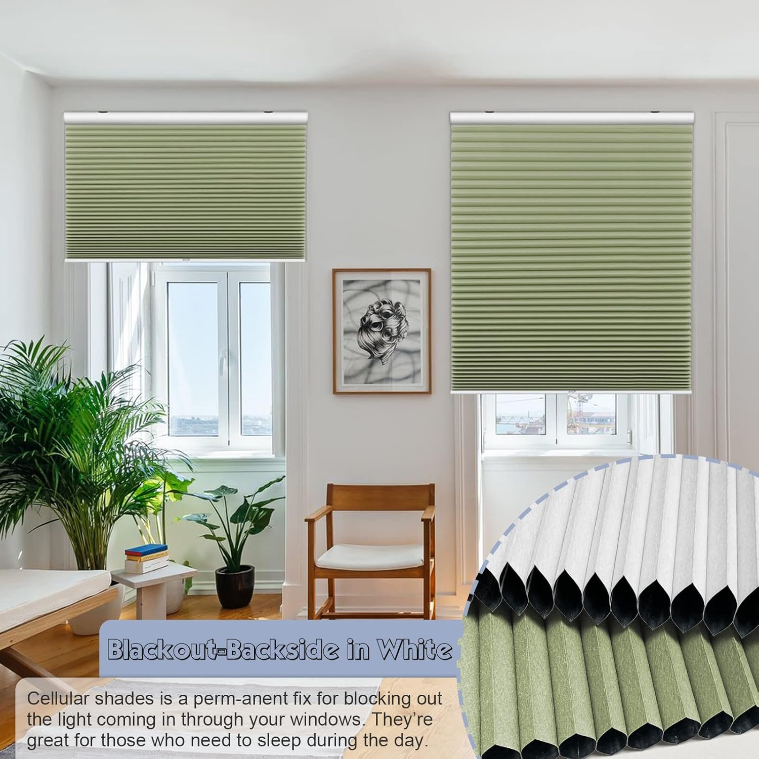 Keego Cordless Blackout Window Cellular Shades Honeycomb Blinds for Windows-Custom Cut to Size Noise Cancelling Window Blinds and Shades for Home Kitchen Bedroom Office (Green, 36" W x 32" H)