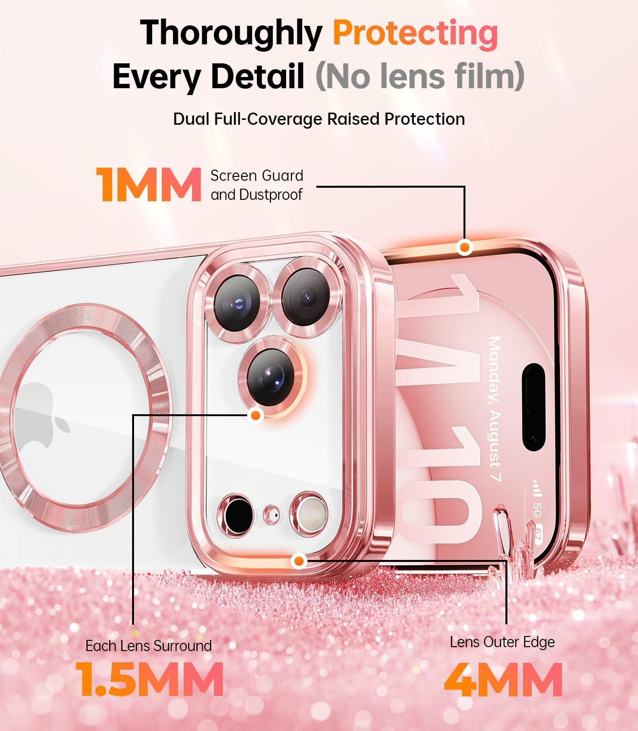 Meifigno Designed for iPhone 17 Pro Magnetic Case with Removable Phone Ring Stand, [Glitter Card & Wrist Strap] [MagSafe Compatible] [Built-in Mirror] Phone Ring Stand + Phone Case Kit, Rose Gold - Image 3