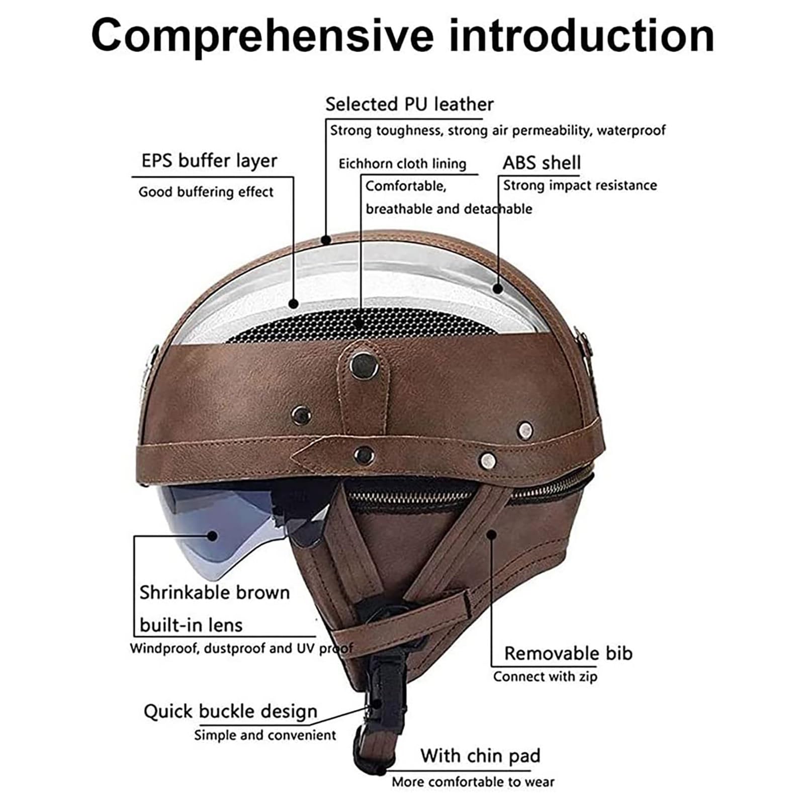 Casque Moto Vintage De Protection en Cuir Bol Homme Homologué ECE Casques Jet avec Lunettes à DéGagement Rapide Scooter