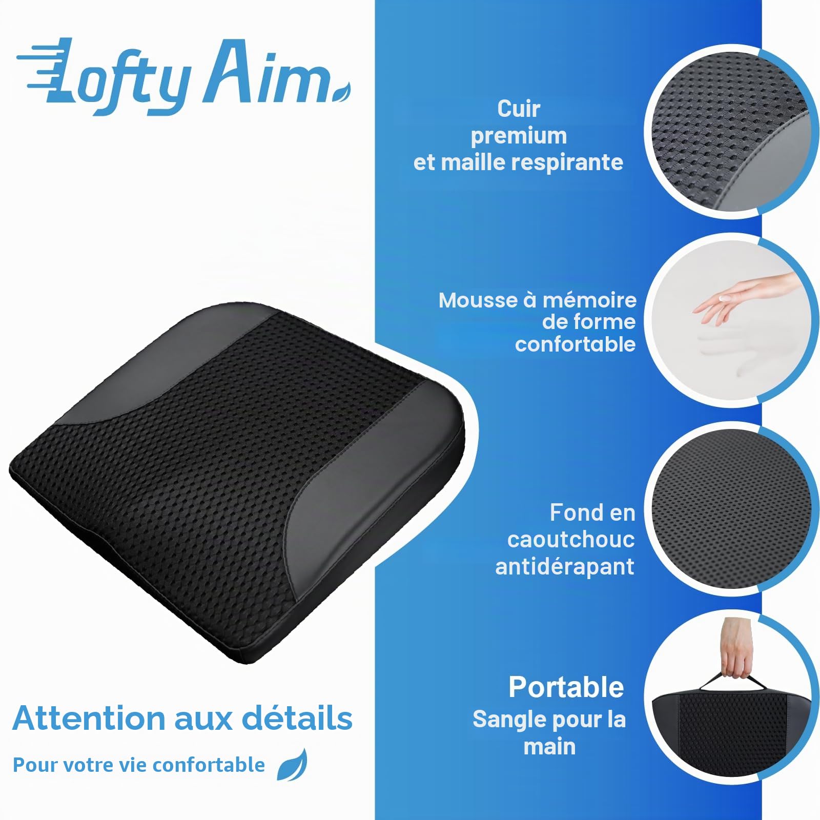 Lofty Aim Coussin Voiture, Support D’Assise Ergonomique, Assise Voiture Confort Longue Durée, Coussin Siège Auto pour Auto, Chaise de Bureau, Fauteuil Roulant - Noir