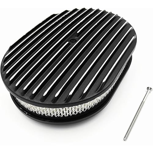Universal 12" Oval Black Aluminum Full Finned Polished Aluminum Classic Nostalgia Air Cleaner Assembly Compatible With Chevy GM Hot Rod Rat Rod Muscle Car or Custom