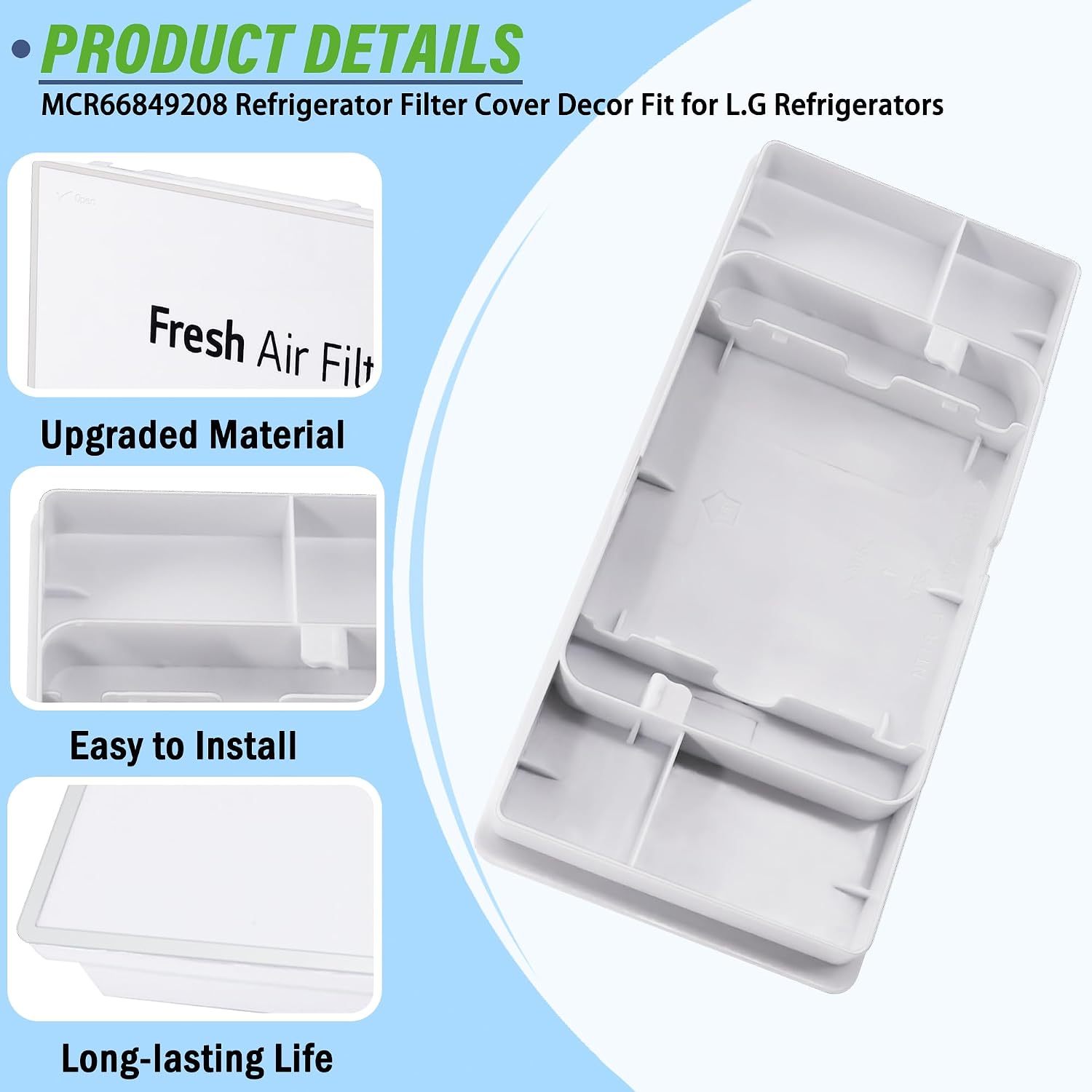 Close-up details of the MCR66849208 filter cover showing upgraded material, easy installation, and long-lasting life