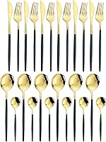 Vista 8 de JASHII Juego de cubiertos de acero inoxidable chapado en rosa titanio, 24 piezas, mango rosa, boca plateada, servicio para 6